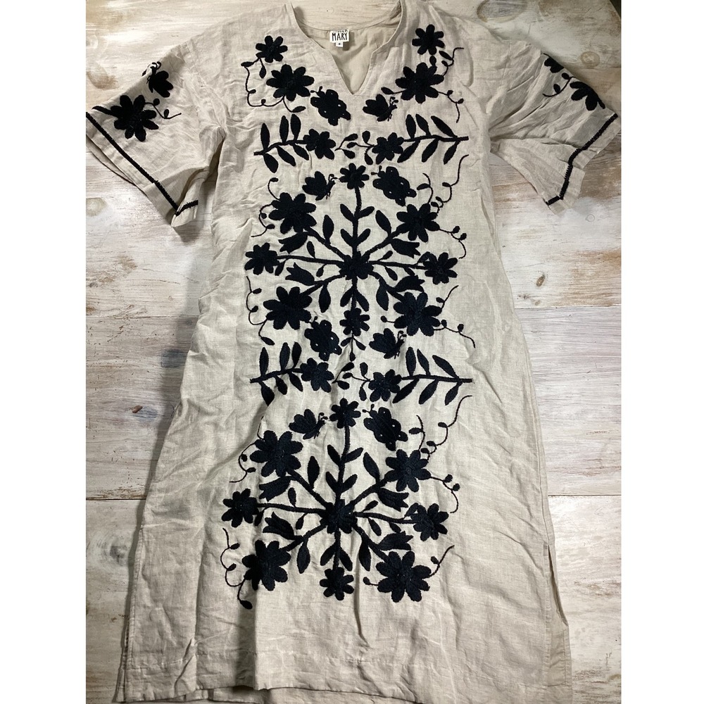 Sister Mary Linen Embroidered Floral V-Neck Midi Dress Beige Black Small